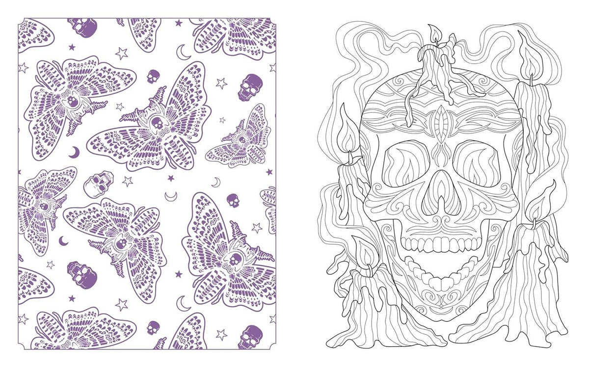 Open coloring book pages with purple star-and-creature pattern and a detailed skull line drawing