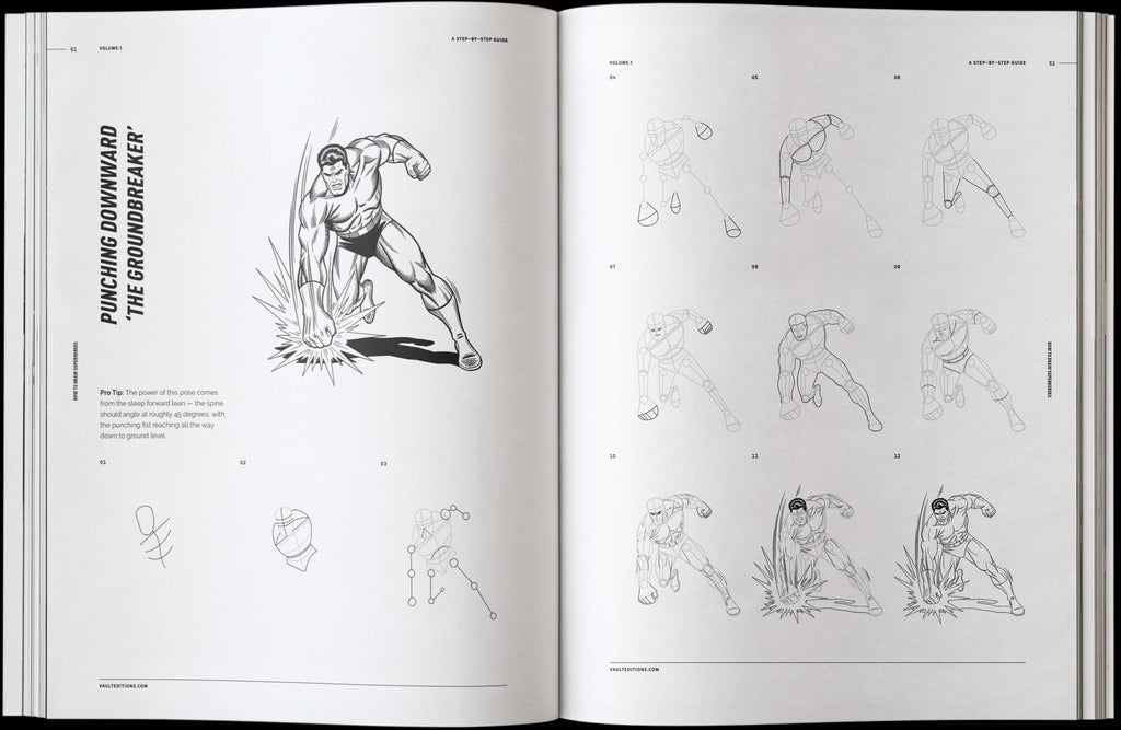 Open superhero drawing book page with black-and-white gesture sketch figures