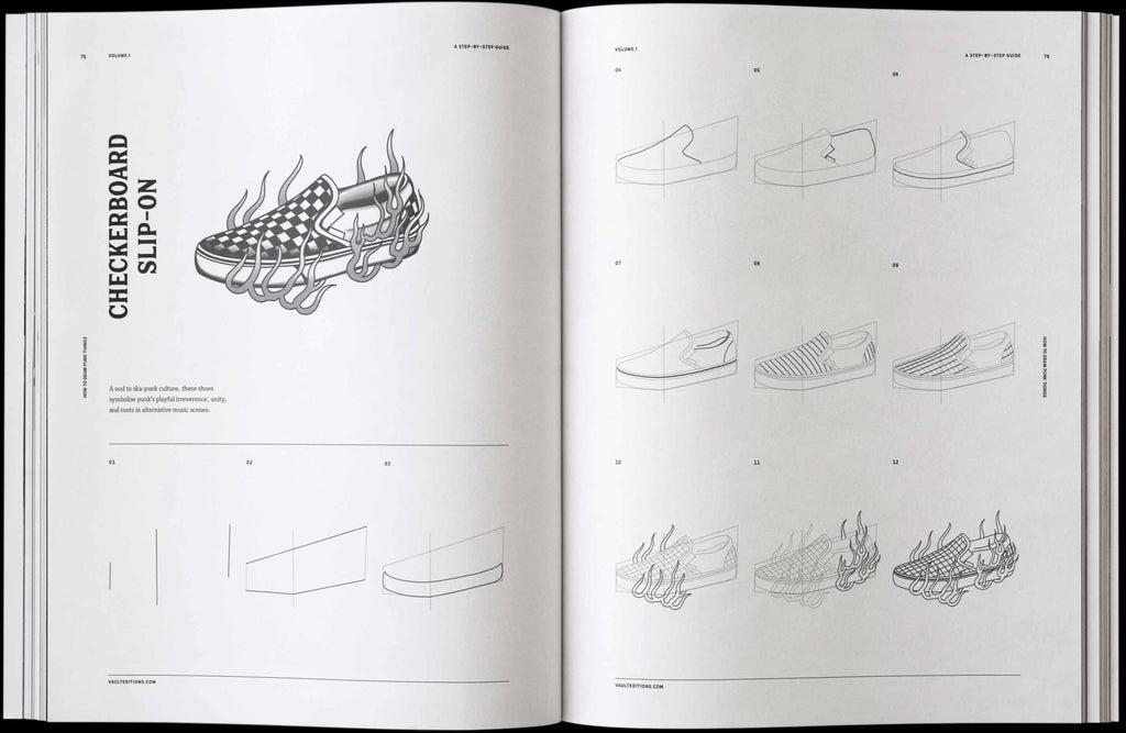 Open book spread with pencil sketches of punk checkerboard and ribbed face designs