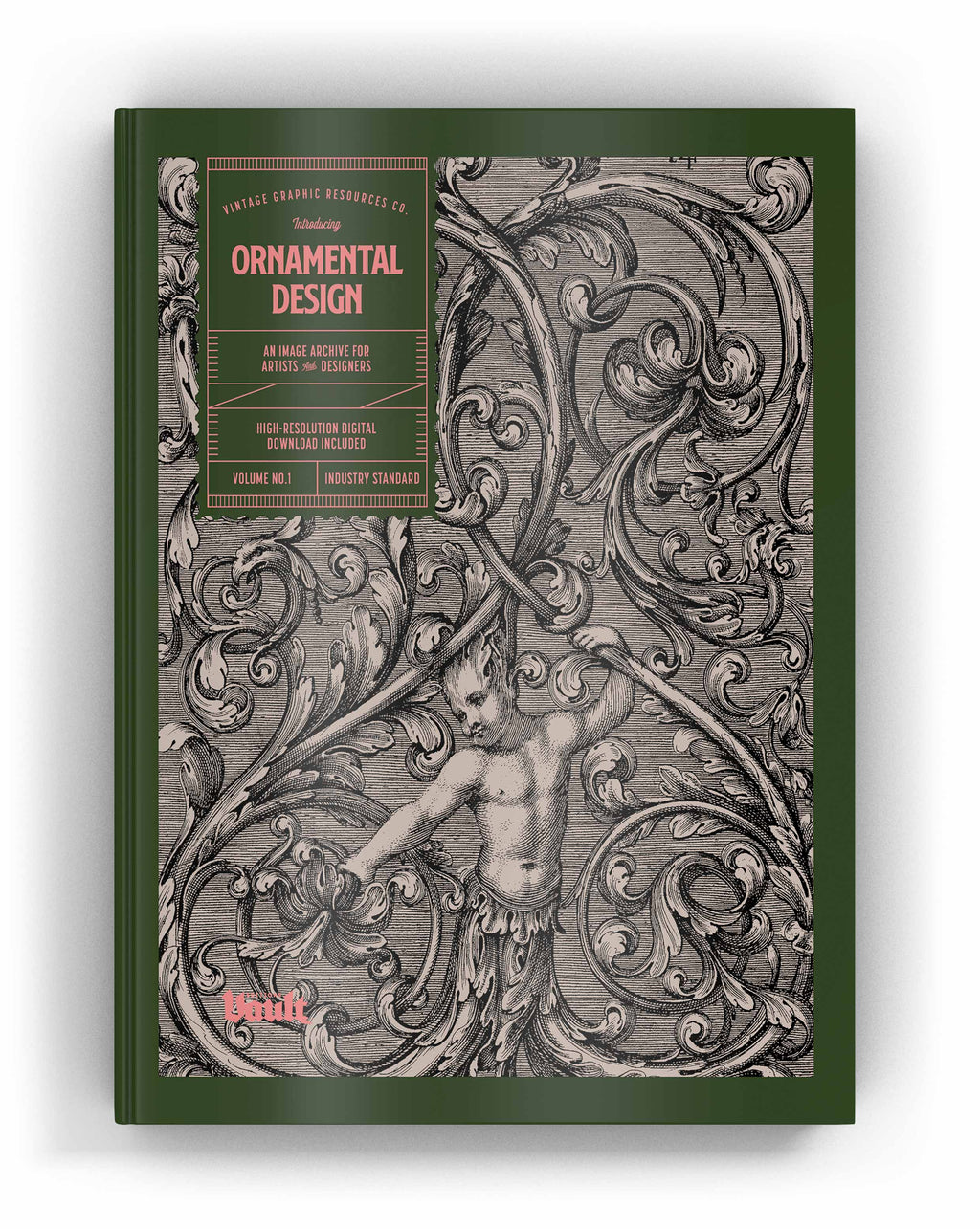 Hardcover ornamental design archive book with green cover and gray engraved ornament illustration