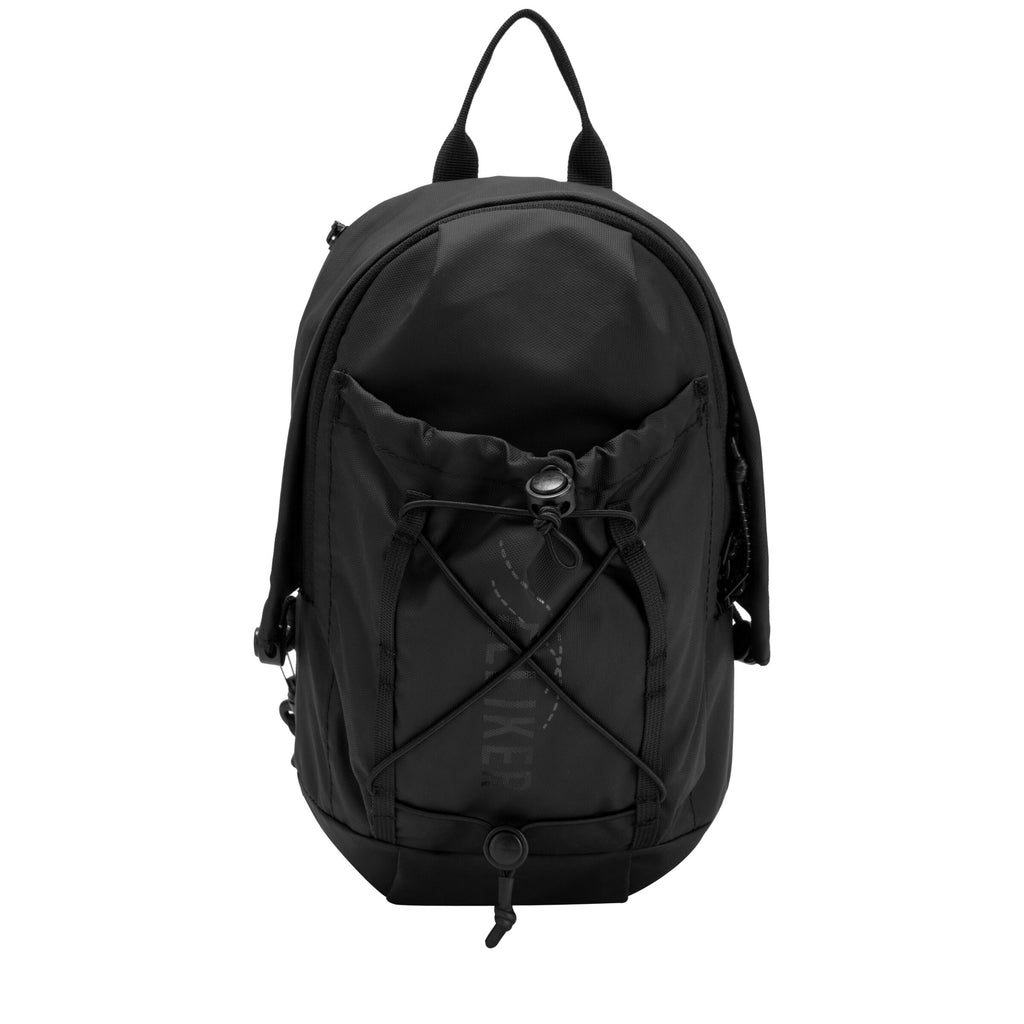 Black sling backpack with zip front pocket and adjustable drawcord at bottom center