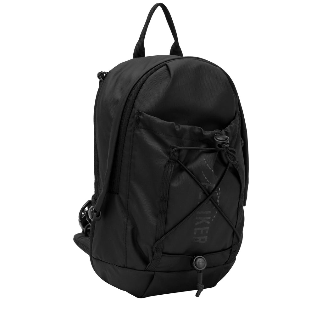 Black sling backpack with side hardware, zip front panel, and adjustable drawcord bottom