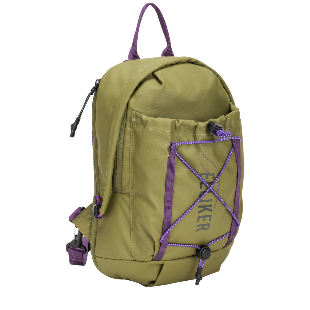 Khaki sling backpack with purple-bordered front pocket and KIFER logo patch