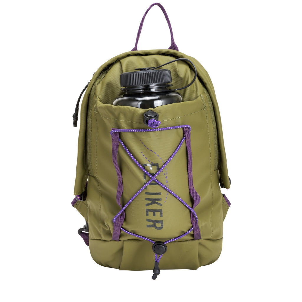 Khaki sling backpack with water bottle in front pocket and purple cross-laced straps
