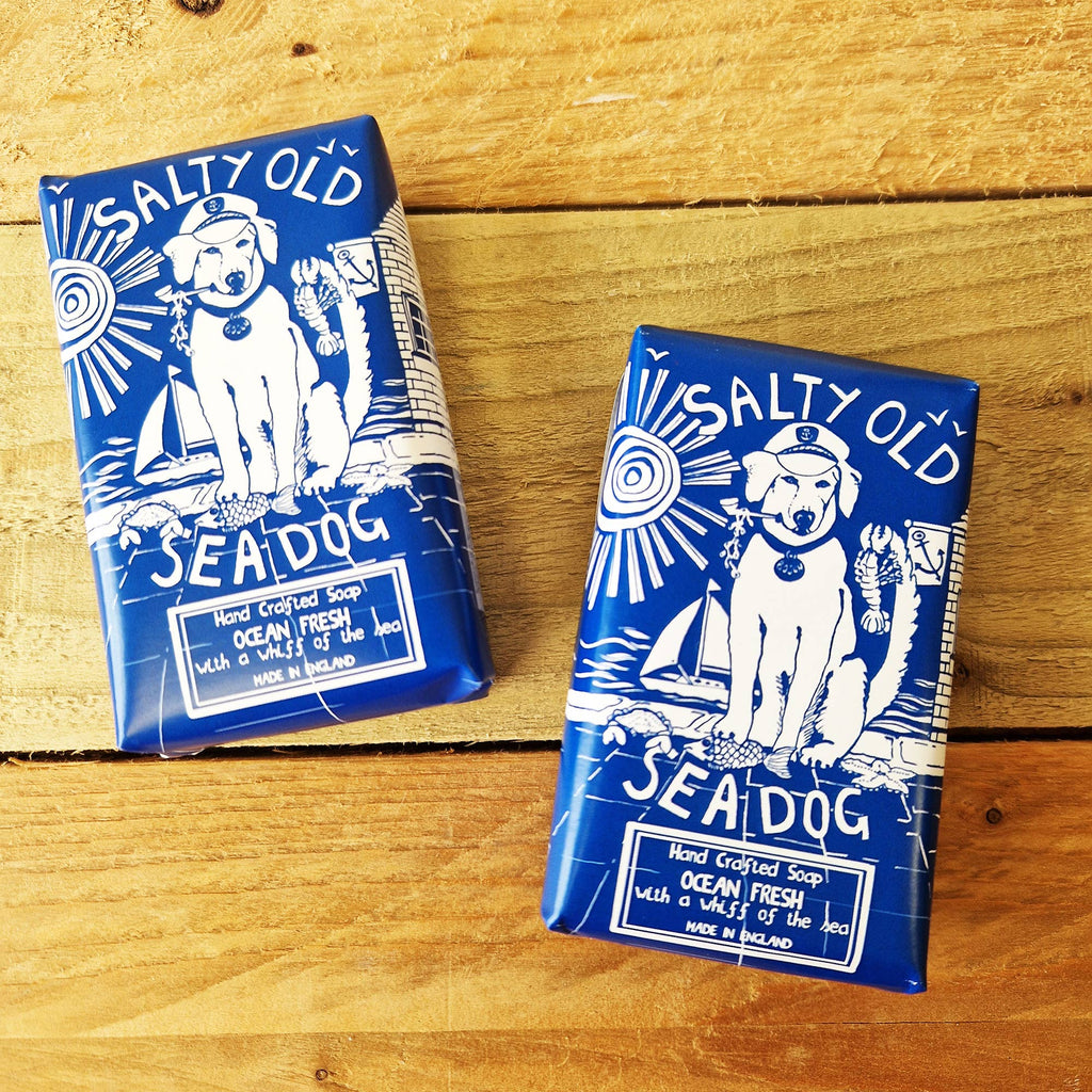 Hand crafted soap bars, blue with white sea dog label