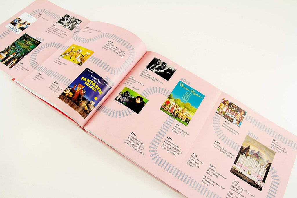Open Wes Anderson book spread with multiple color photos and circled section headers