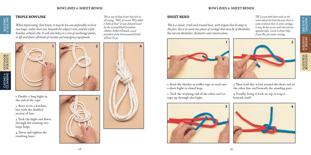 Knot instruction book page with bowline step diagrams and "SHEET BEND" headings