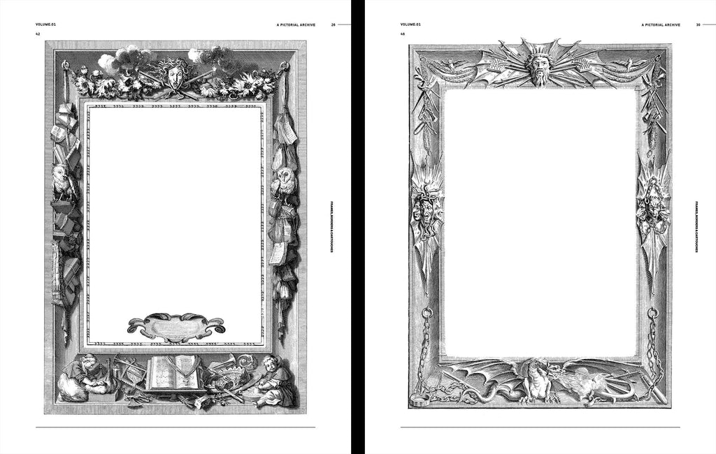 Open book spread with engraved ornamental rectangular picture frames, black and white