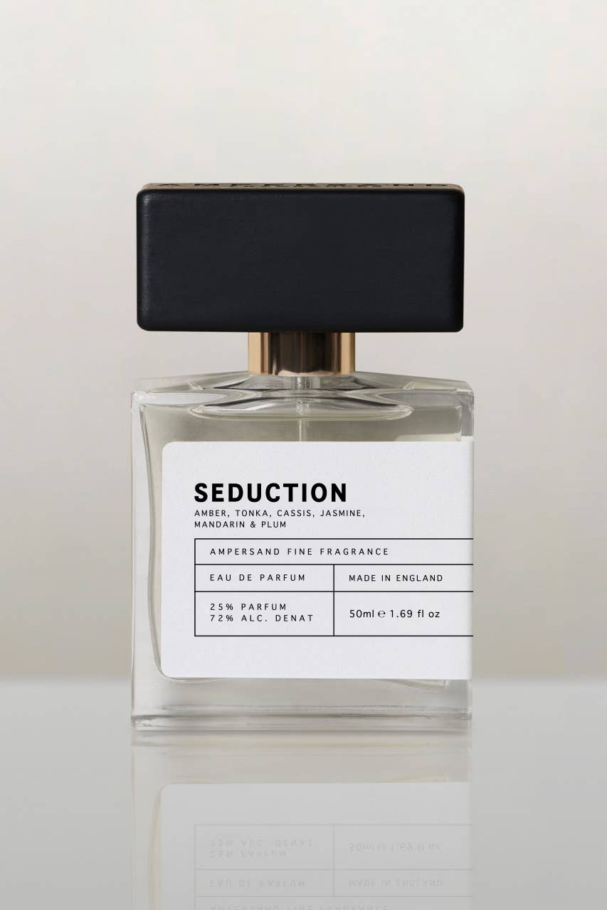 Unisex EDP parfum fragrance bottle, clear glass with black cap, 50 ml