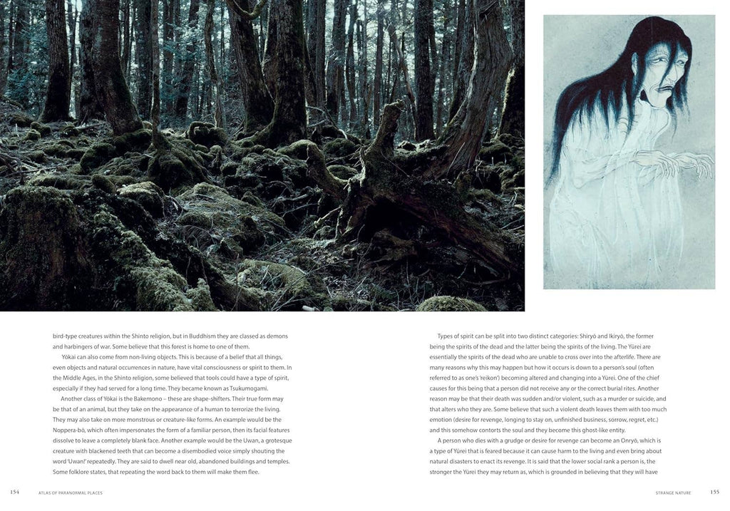 Open book spread with dark forest scene and pale woman illustration beside captions