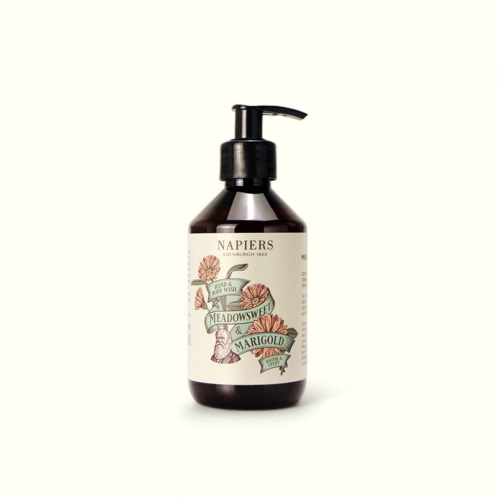 Hand and body wash bottle with black pump, dark amber, Meadowsweet & Marigold label