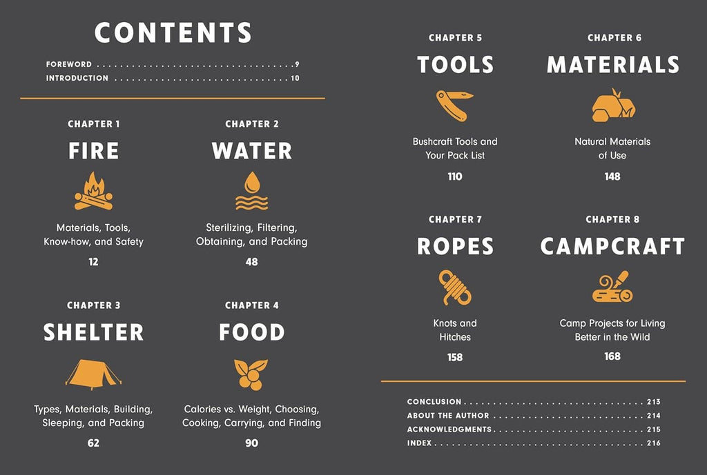 Book contents page with chapter list and sections Tools, Materials, Ropes