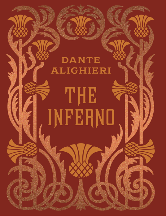 Red hardback book with gold ornamental frame and “THE INFERNO” title