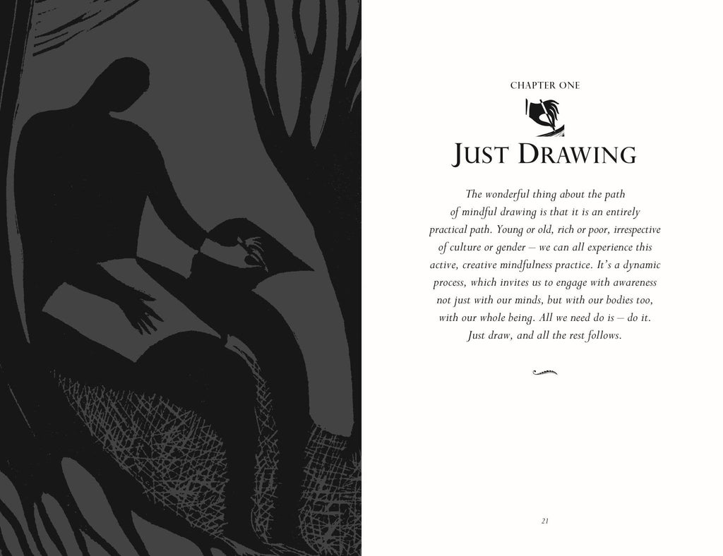 Open book page titled "Just Drawing" with seated figure silhouette on the left