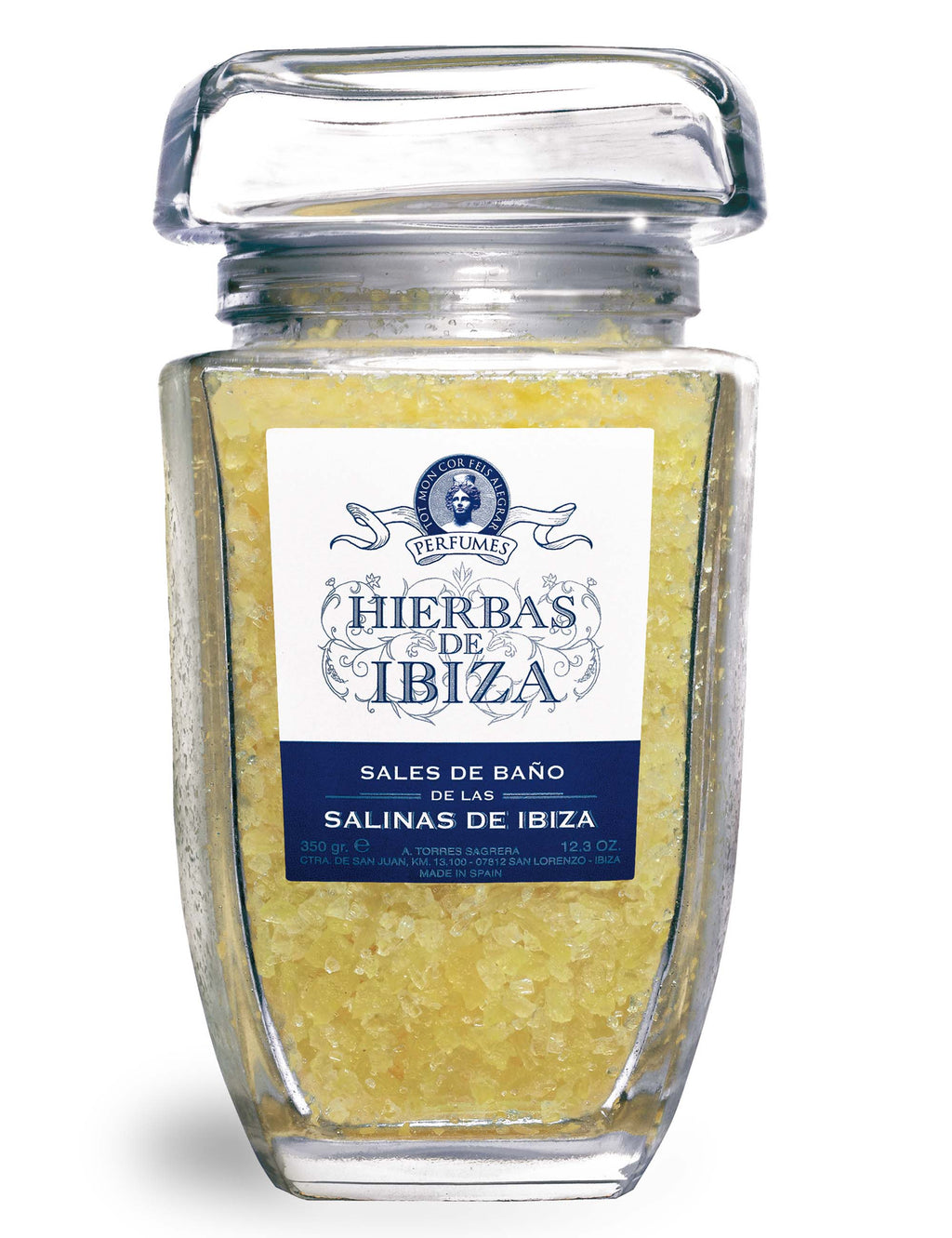 Herbs of Ibiza bath salts jar, 350g, clear glass with yellow granules and label