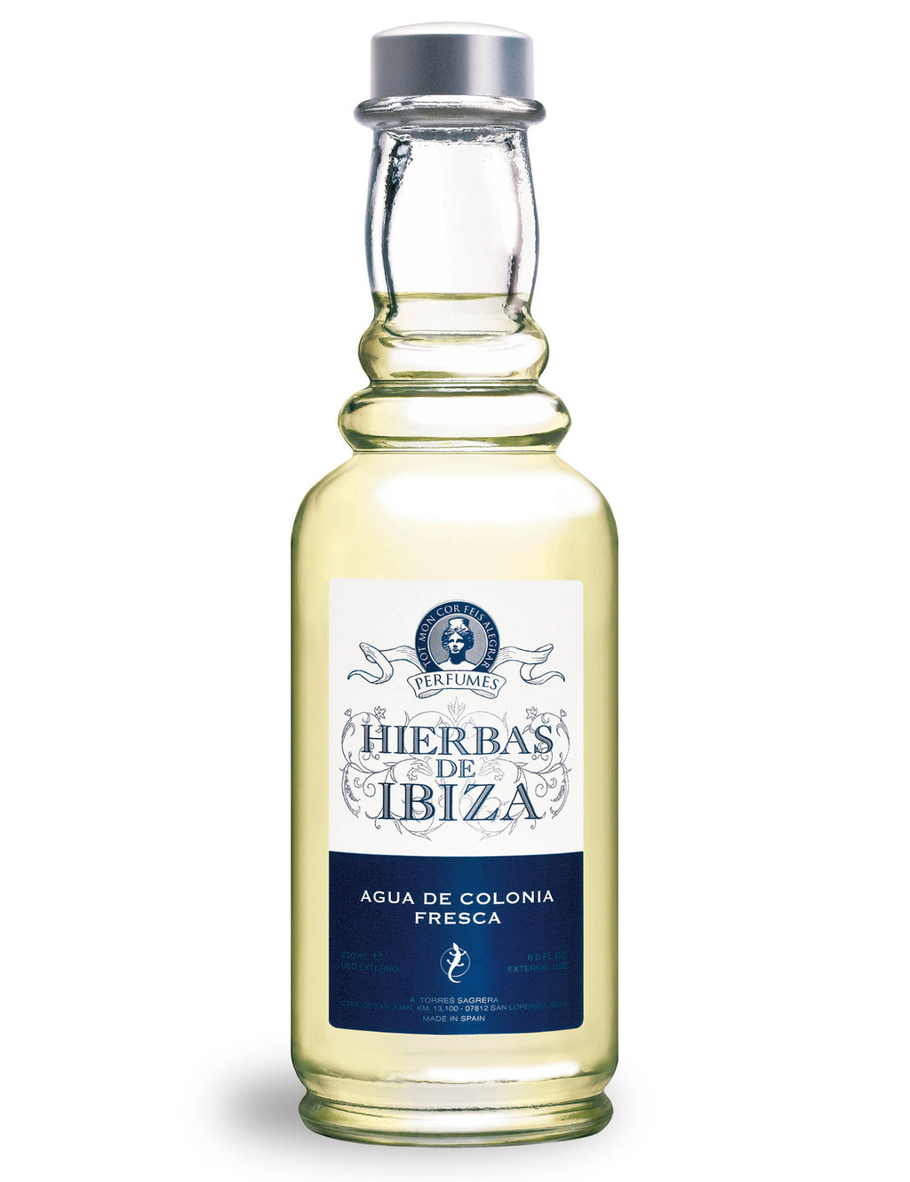 Herbs of Ibiza eau de cologne splash bottle, clear glass with green tint and silver cap