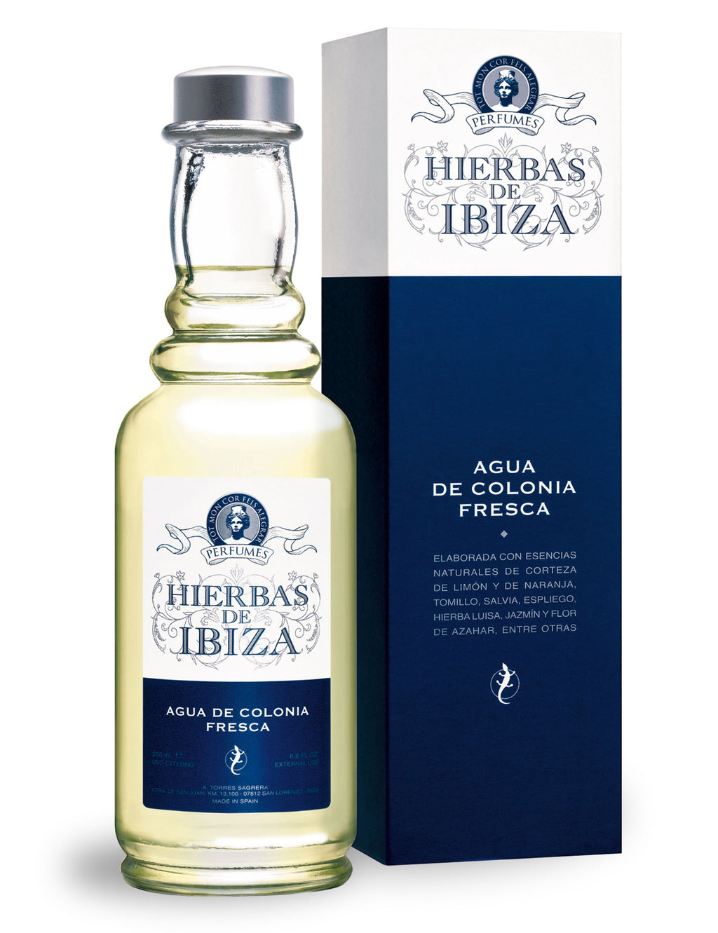 Herbs of Ibiza eau de cologne splash bottle and matching box, silver cap on green-tinted glass