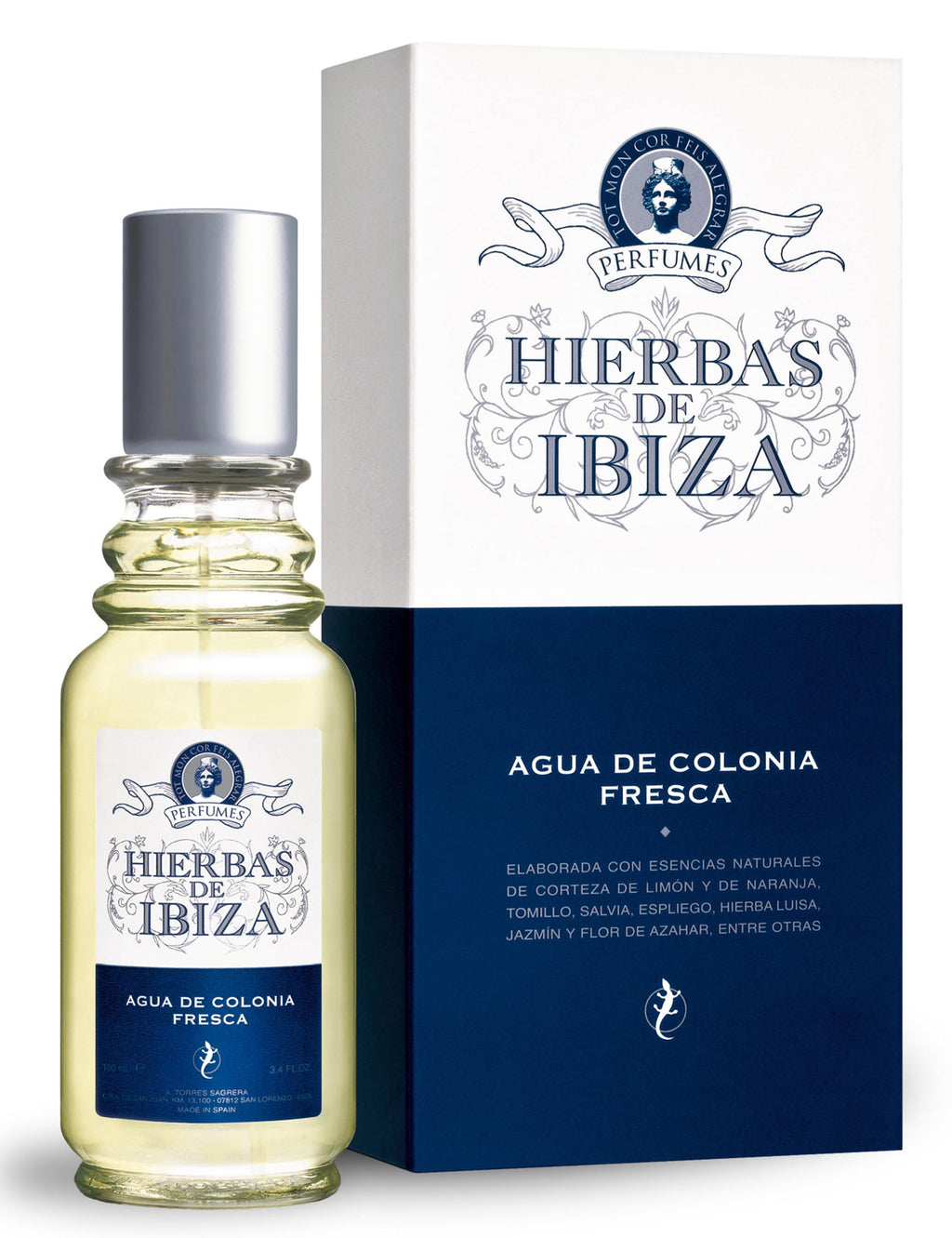 Eau de cologne spray bottle with silver cap beside white retail box with blue text.