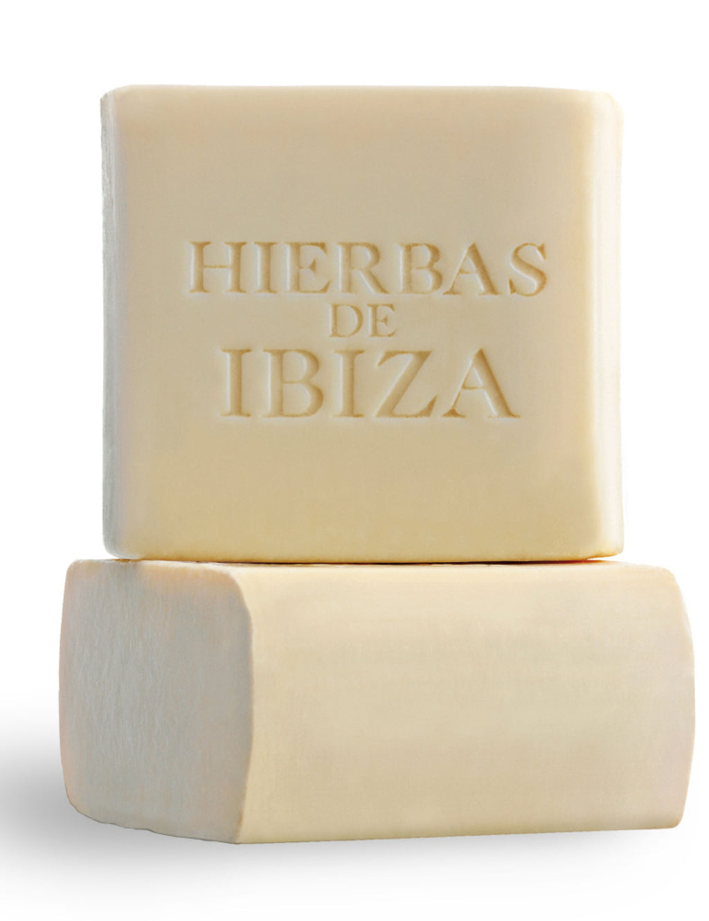 Cream soap bars with embossed Hierbas de Ibiza text, twin pack