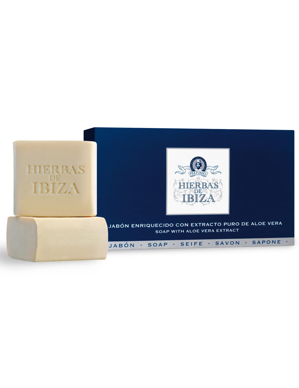 Small cream soap bar and navy box with Hierbas de Ibiza logo, twin set