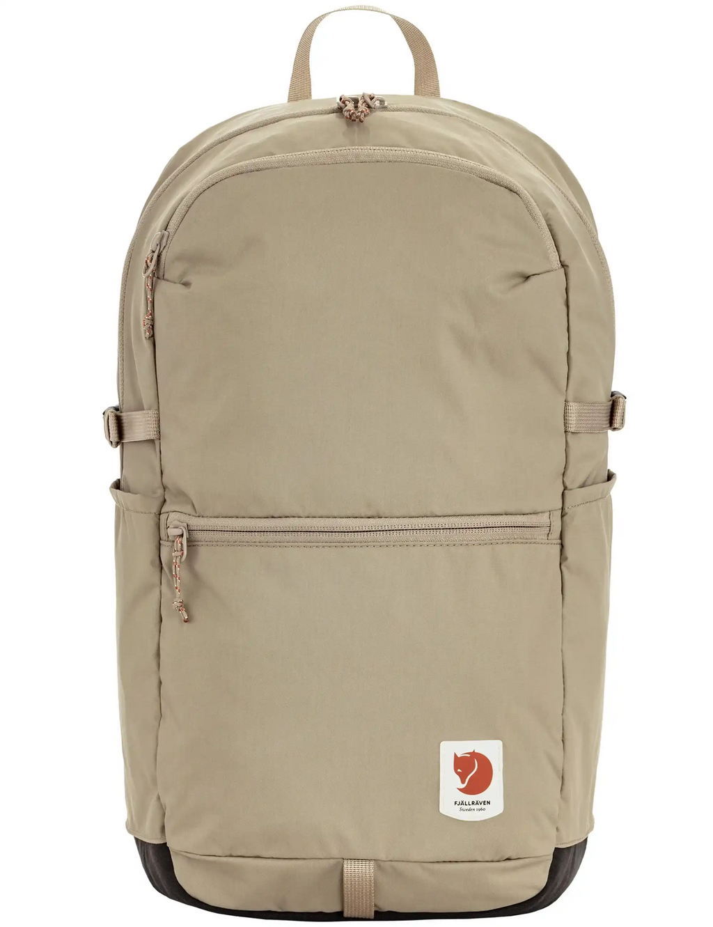 Beige 24L backpack with top handle, front zip pocket, and logo patch