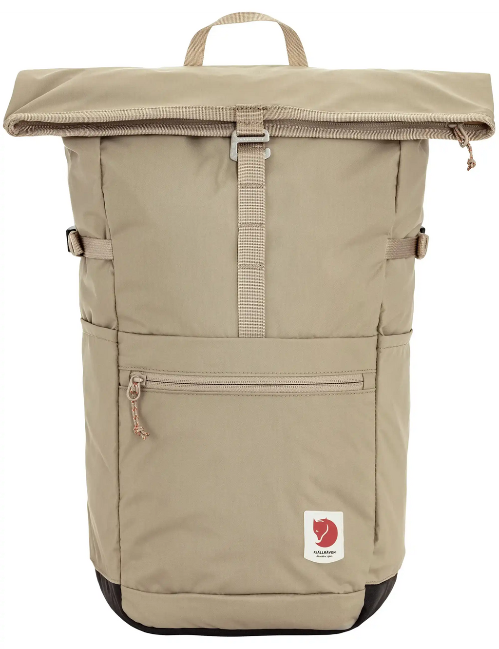 Light beige 24L roll-top backpack with front zipper pocket and carry handle
