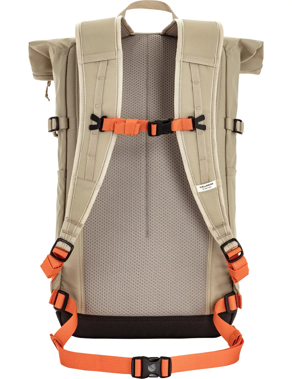 Light beige 24L backpack interior back panel with perforated padding and orange straps