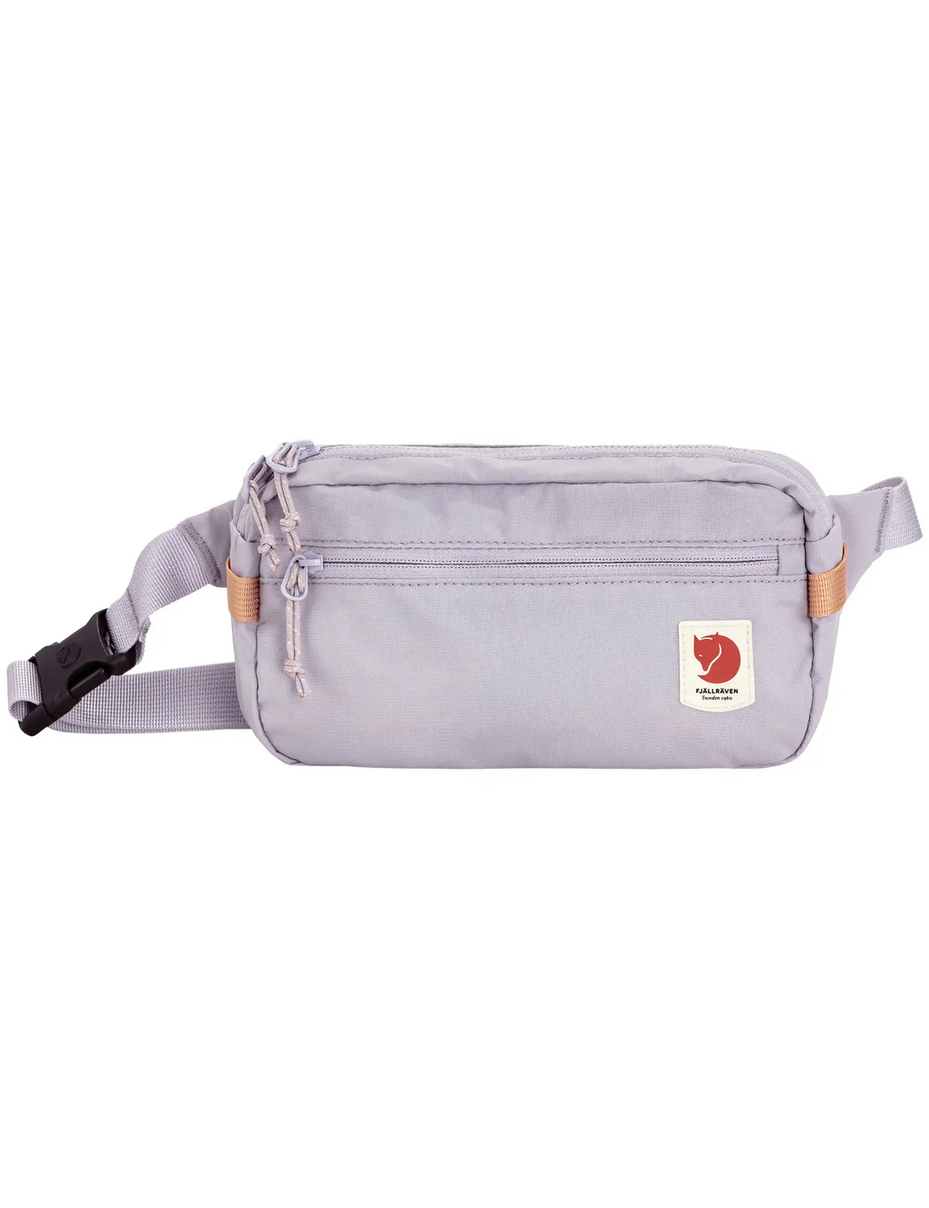 Lavender hip pack with front zip pocket, red fox logo patch, and adjustable strap