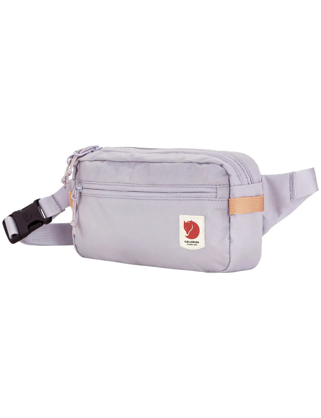 Lavender hip pack with zip pocket, red fox logo patch, and orange pull tab