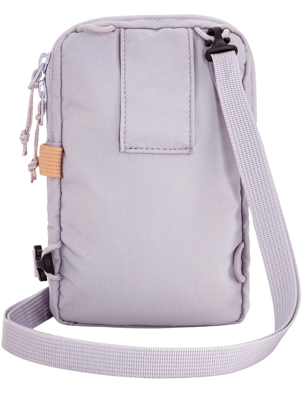 Lavender crossbody bag with back pocket panel, drawcord details, and web shoulder strap