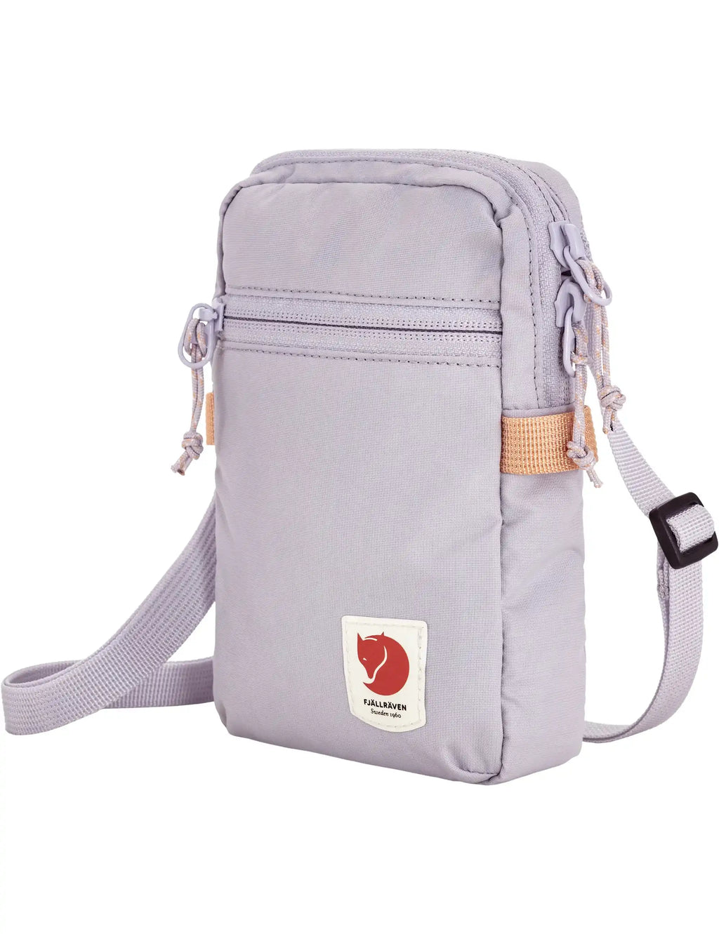 Lavender crossbody bag with front zipper, hanging cords, logo patch, and side strap tab
