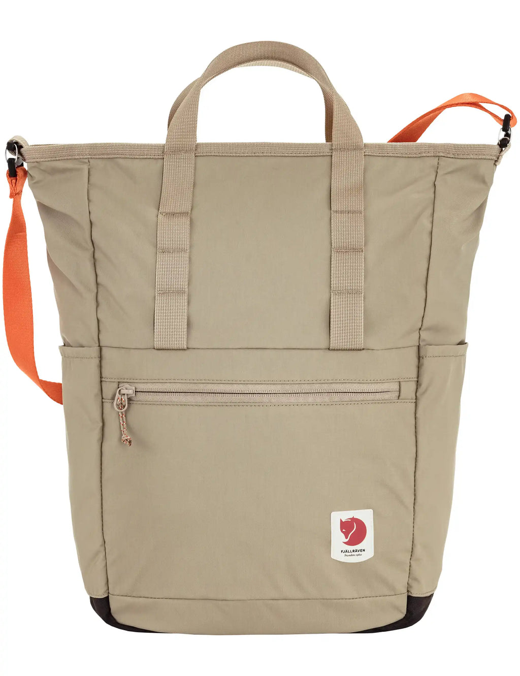 Totepack in Fossil with zip front pocket, top handles, and side strap details
