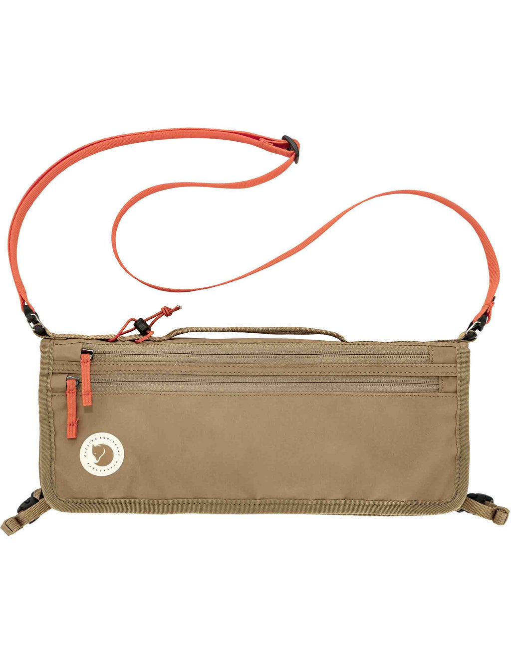 Bike frame fold bag in khaki with orange carry strap, zipper pocket and side buckles.