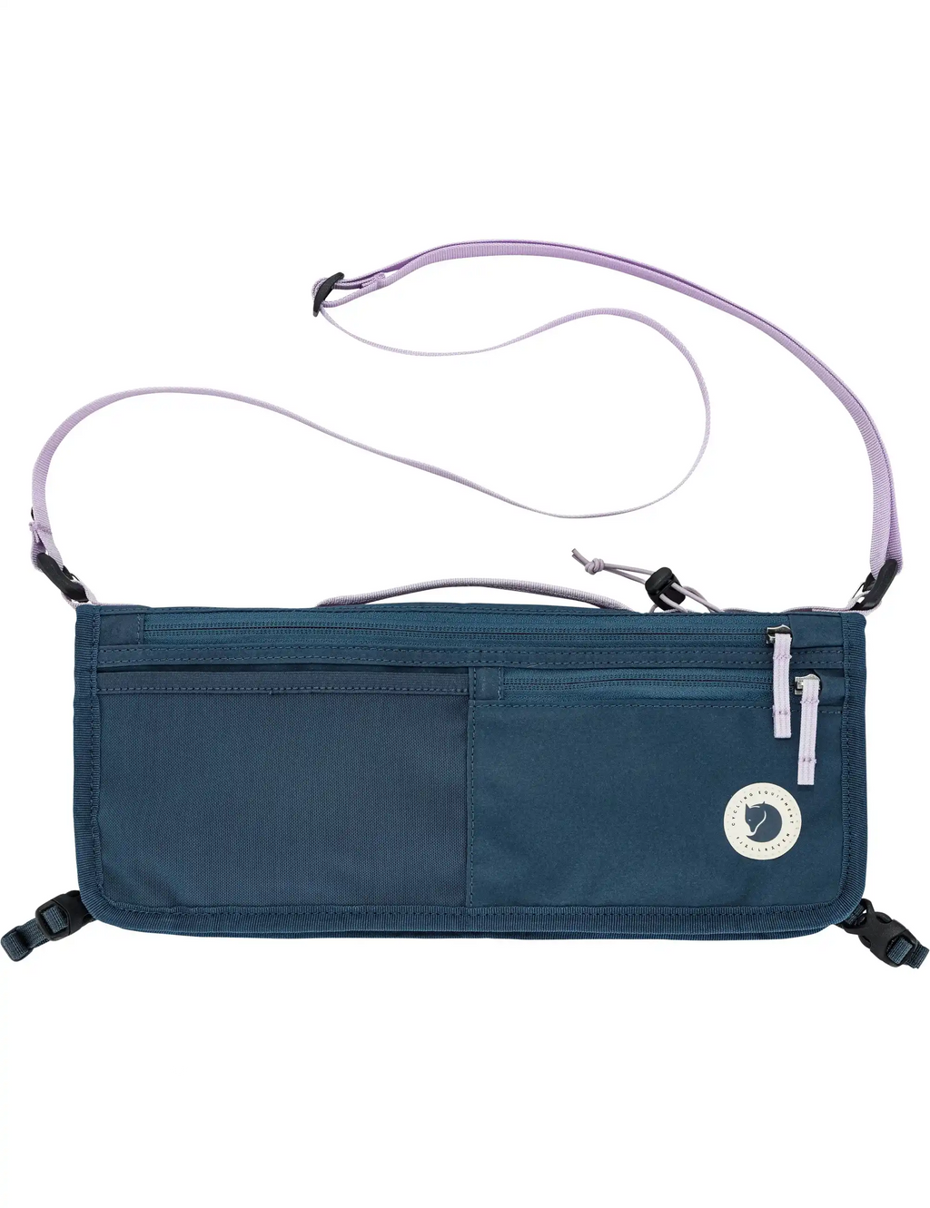 Royal blue bike frame fold bag, front patch logo, zip closure, adjustable straps