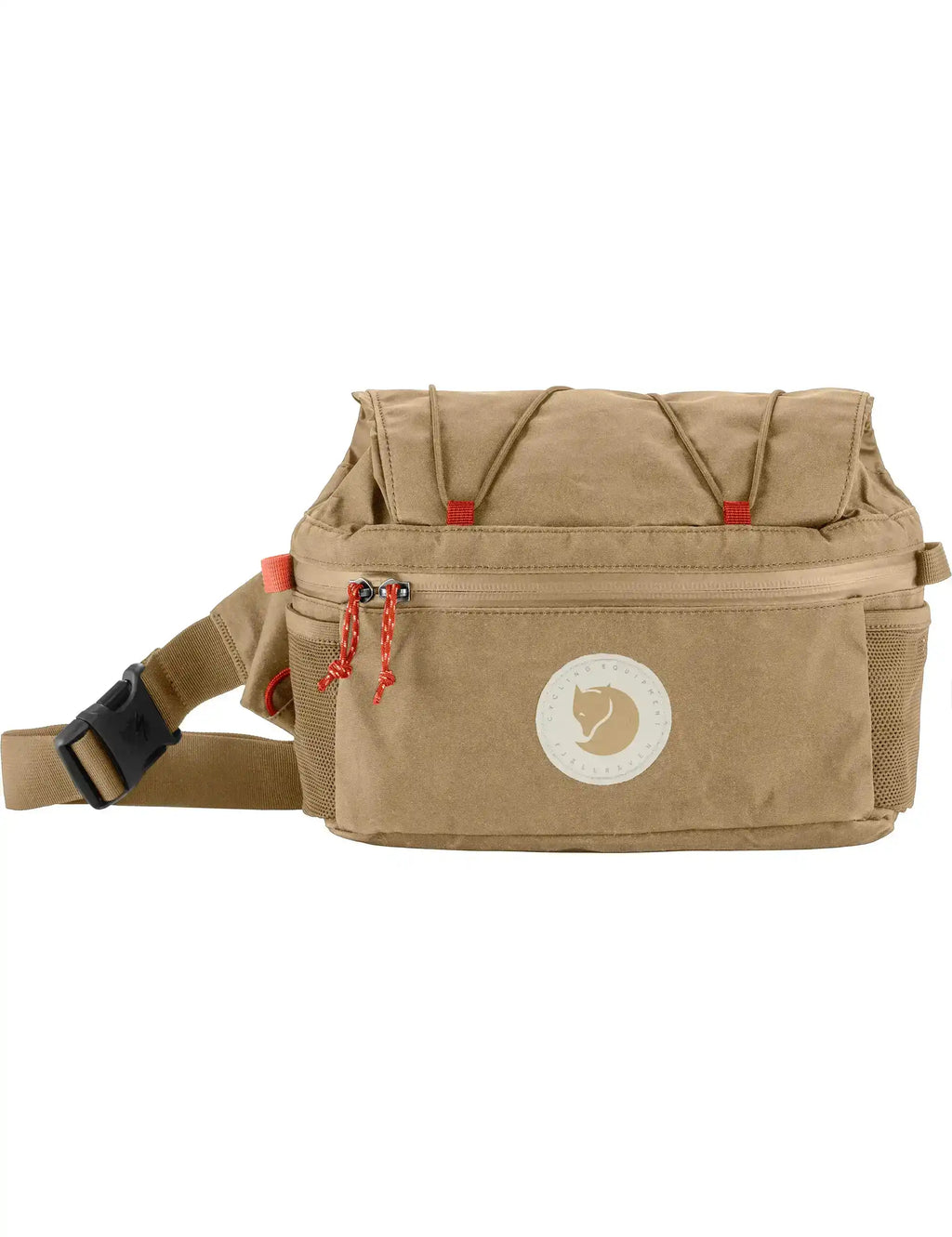 Hoja expandable hip pack in clay tan with front logo patch and adjustable hip strap