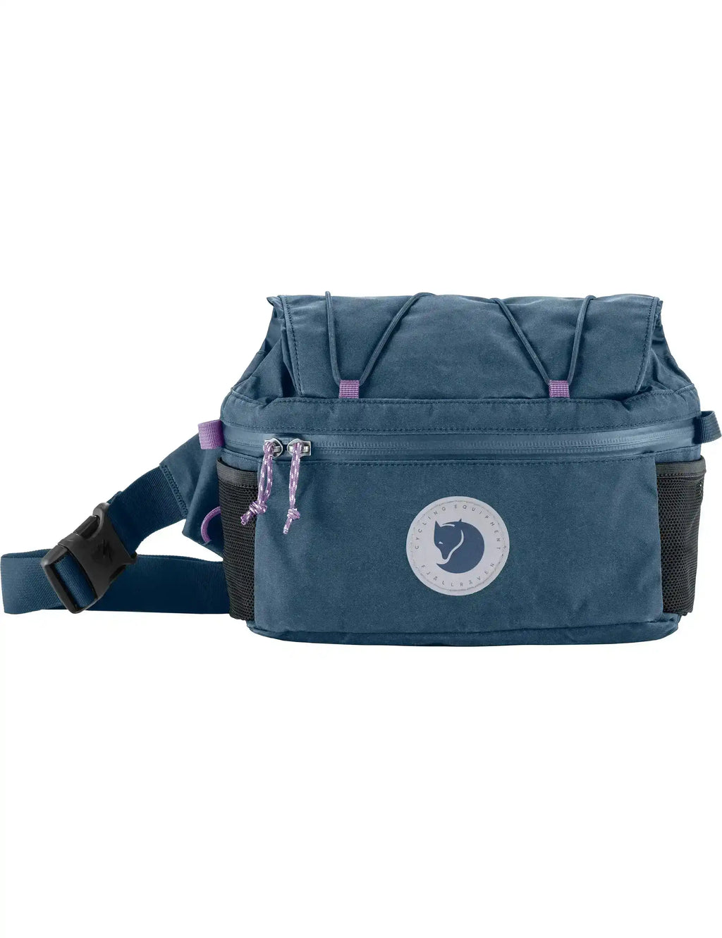 Expandable hip pack in royal blue with front zip, logo patch, and adjustable waist strap.