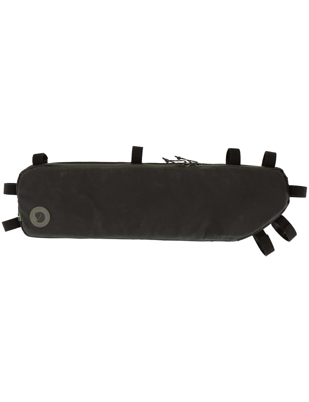 Large black frame bag with top zipper, logo patch on left side and short handle straps