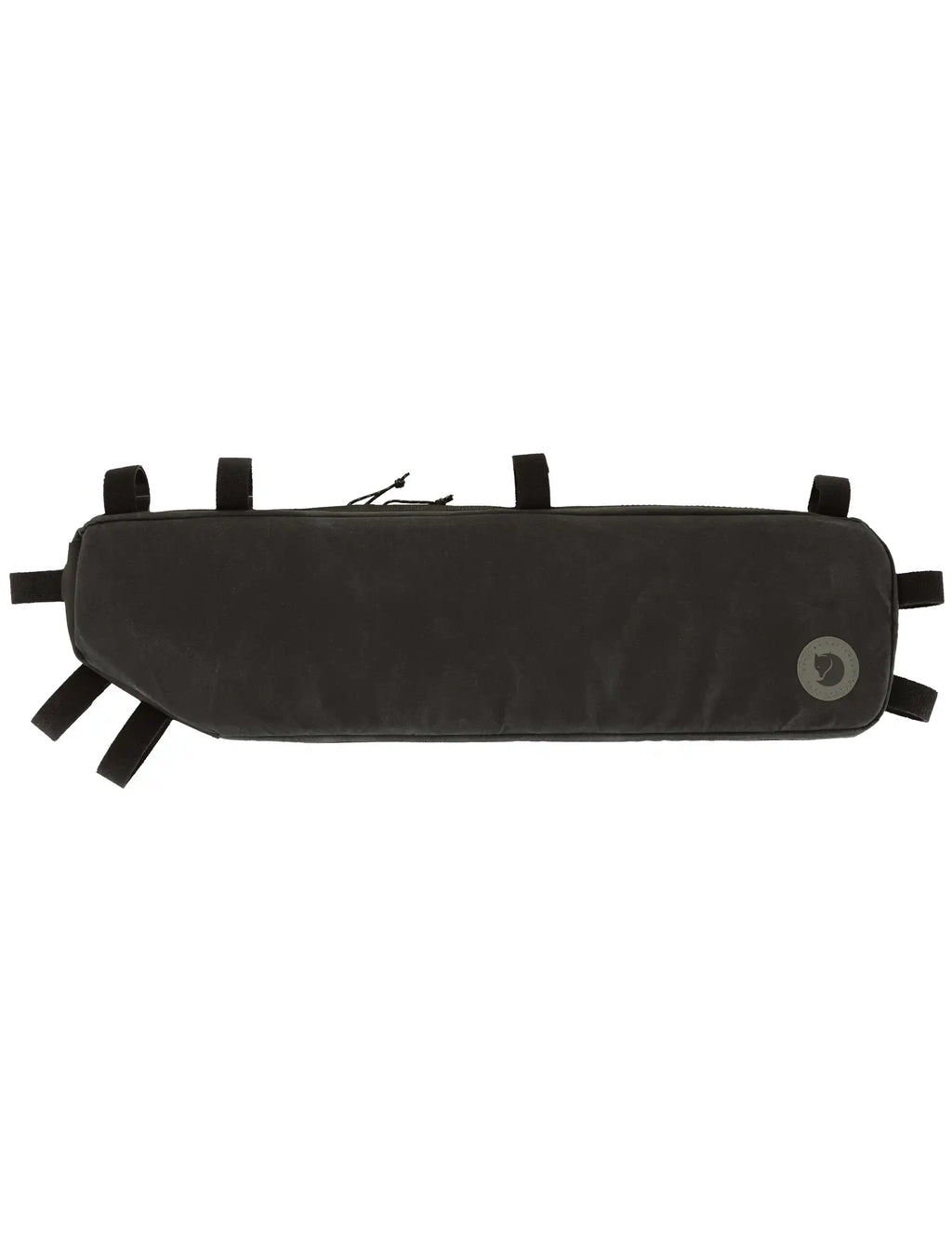 Large black frame bag with top zipper, logo patch on right side and short handle straps