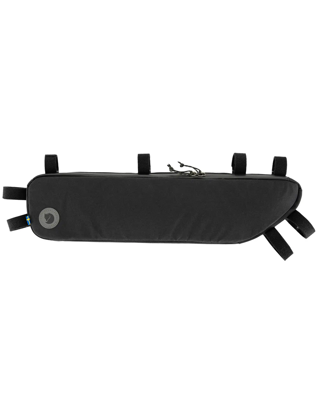 Black medium frame bag with top handles and side straps, round logo patch on front