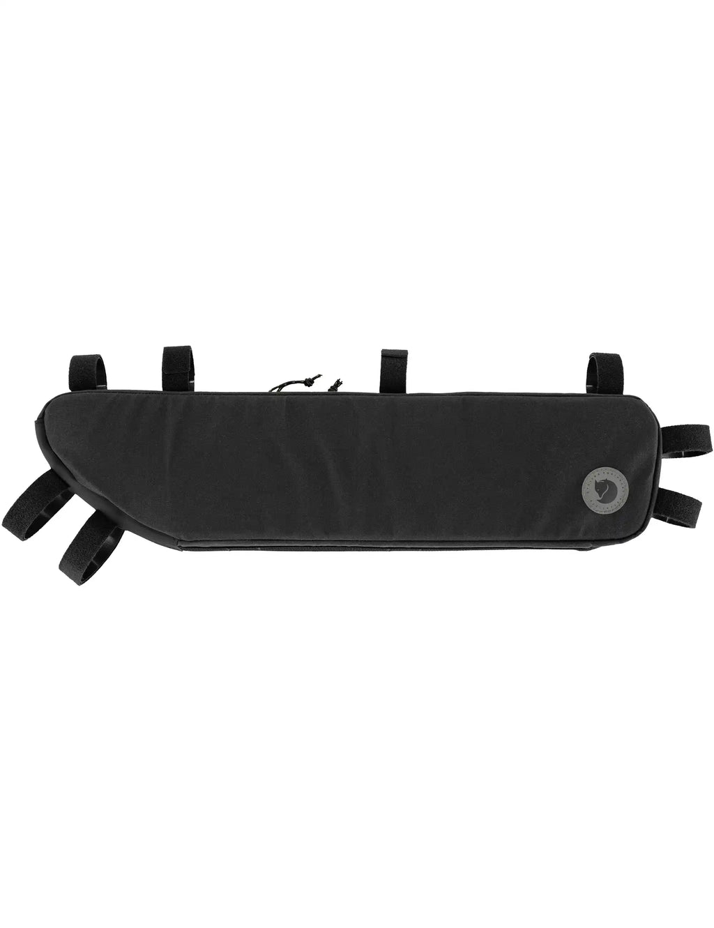 Black medium frame bag with side straps and round logo patch, front panel detail