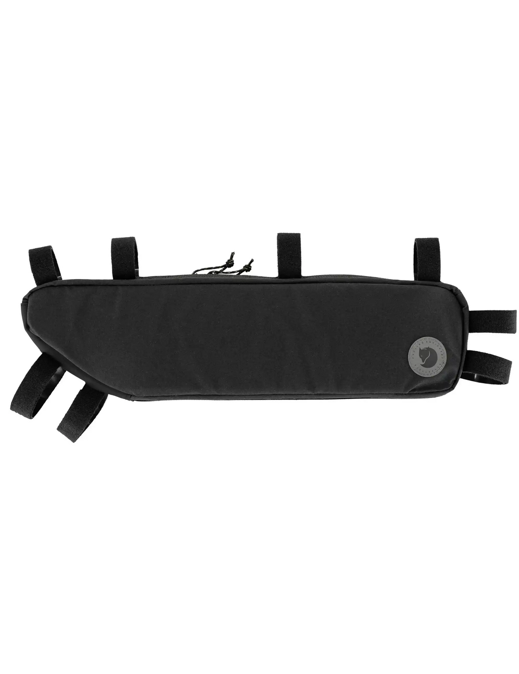 Small black frame bag with top zipper, front logo patch, and side straps