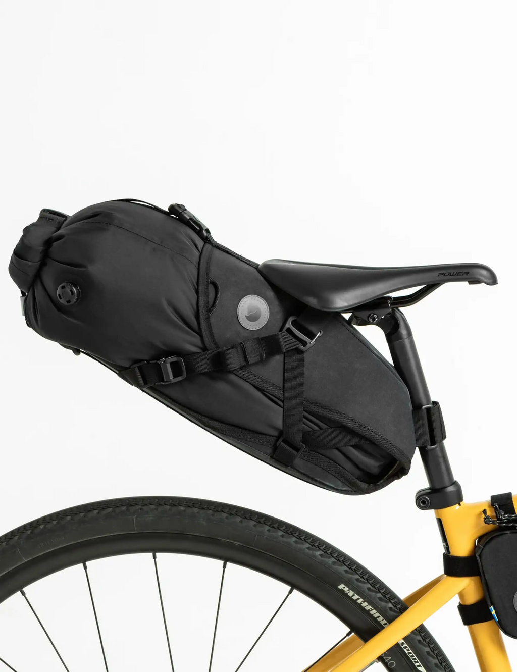 Black bike seat dry bag with roll-top and mounting straps