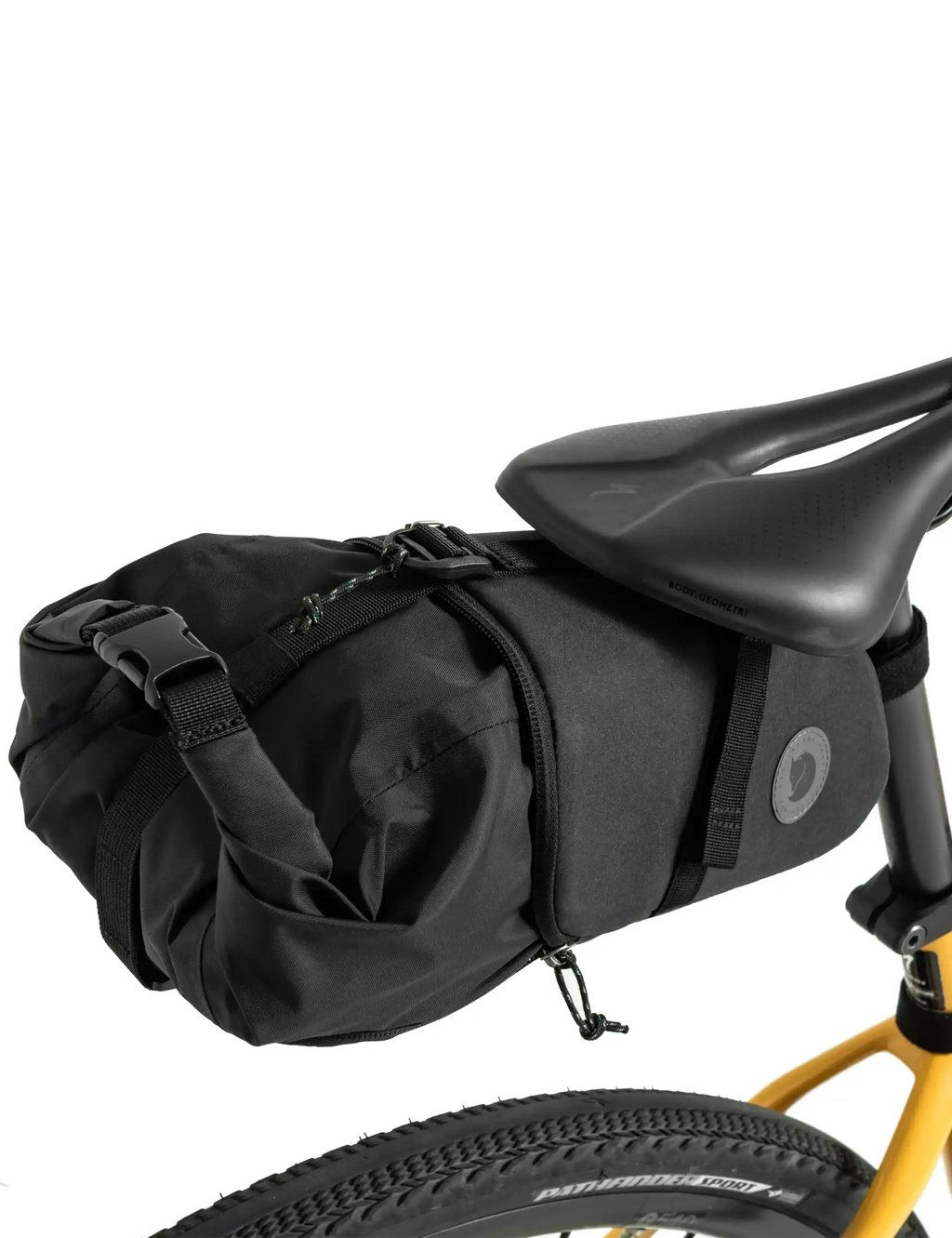 Black drybag side view with front straps and compression buckle detail
