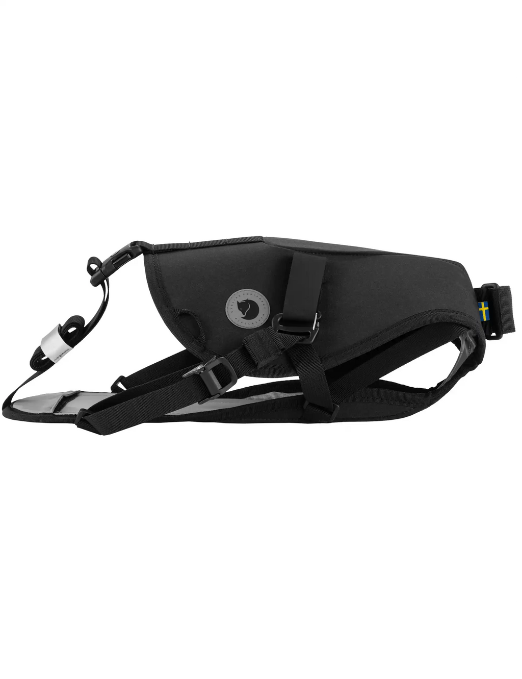 Black seatbag harness with round logo patch and cross webbing straps