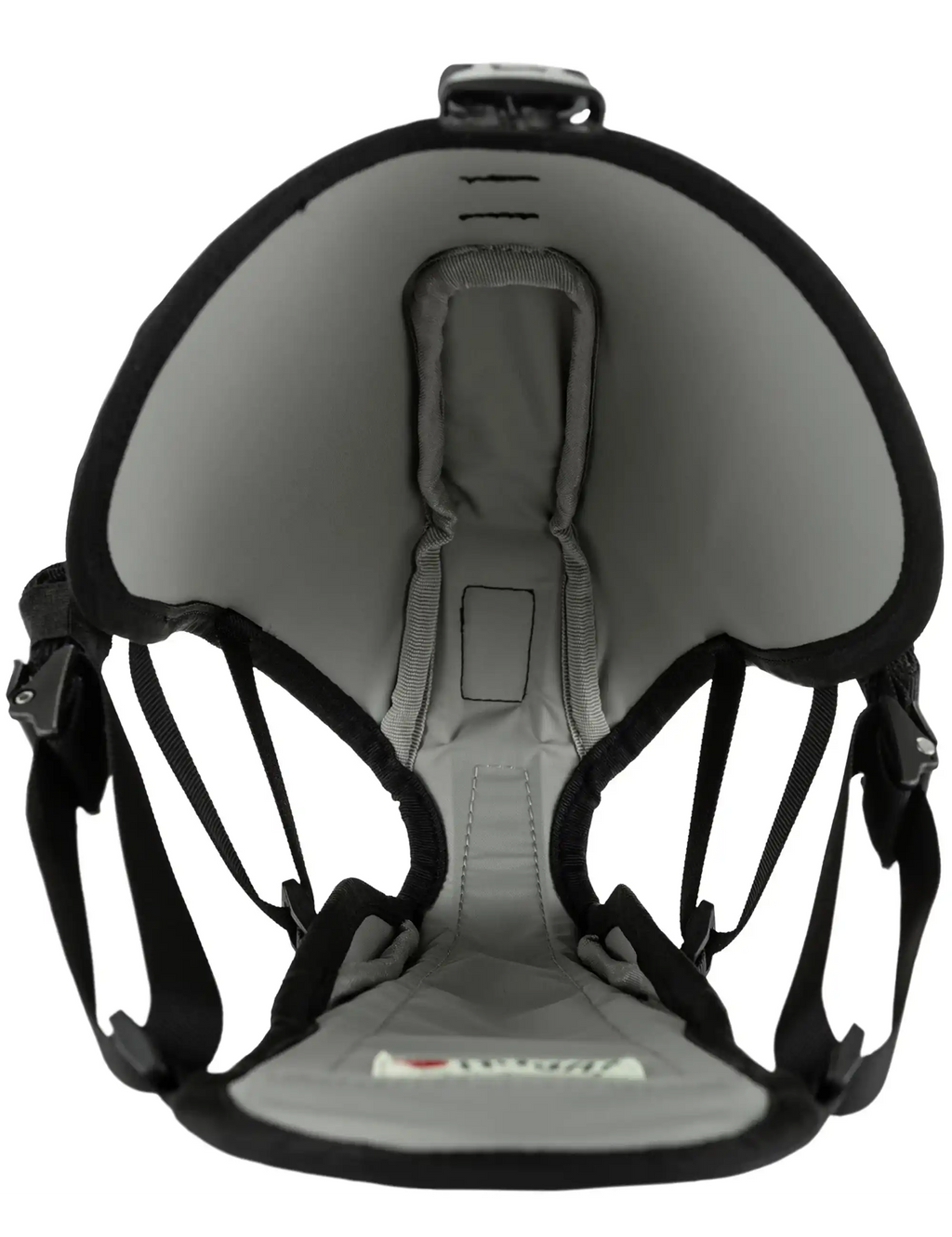 Black seatbag harness with gray padded support and webbing strap framework