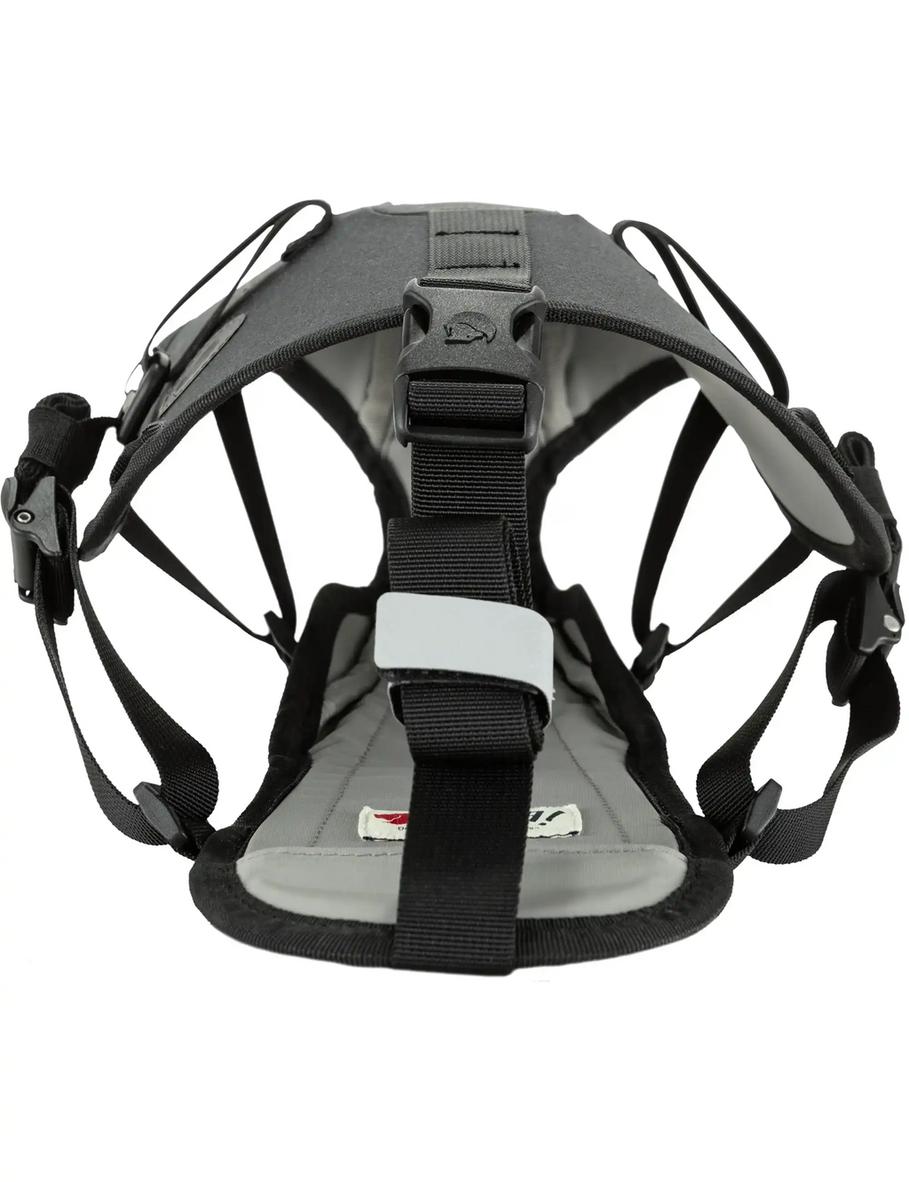 Black seatbag harness with gray base padding and central buckle webbing straps
