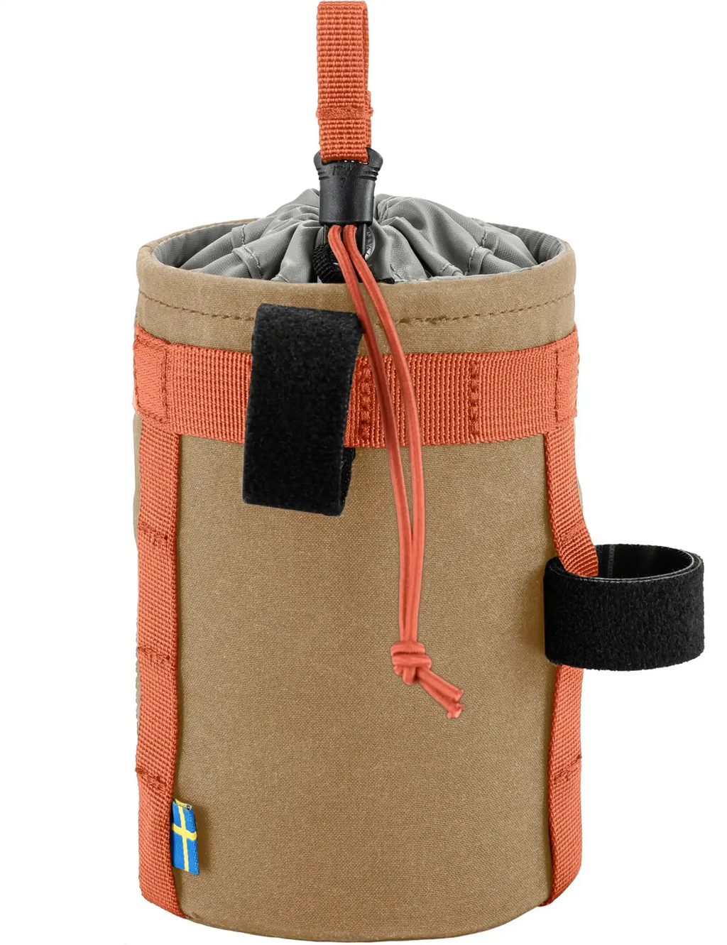 Snack bag with top carry strap, tan body, orange trim, and black hook strap