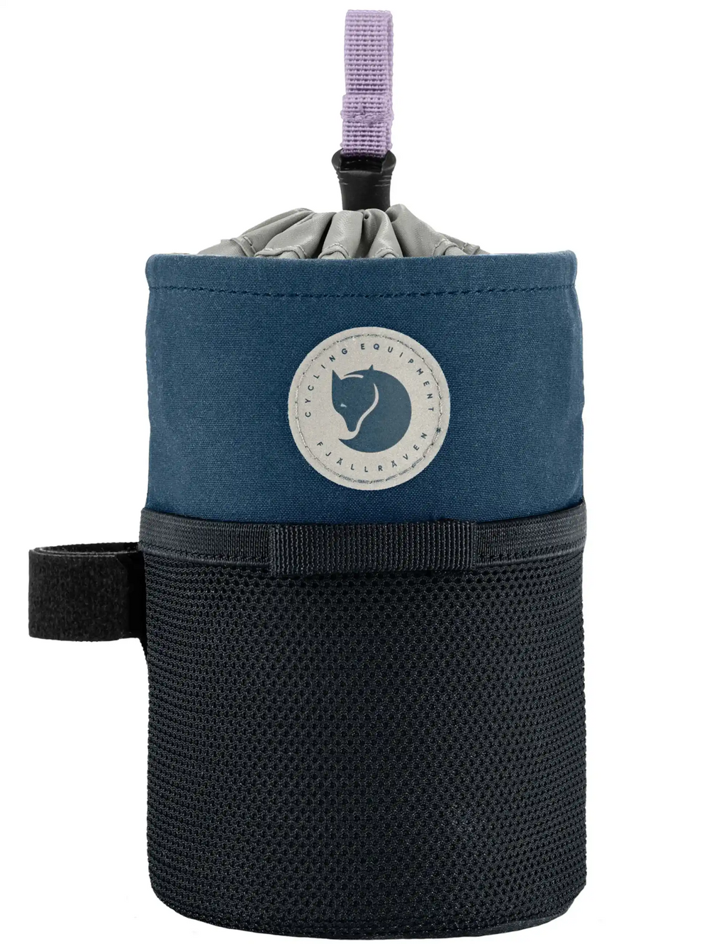 Royal blue snack bag with black textured base and circular logo patch, top strap