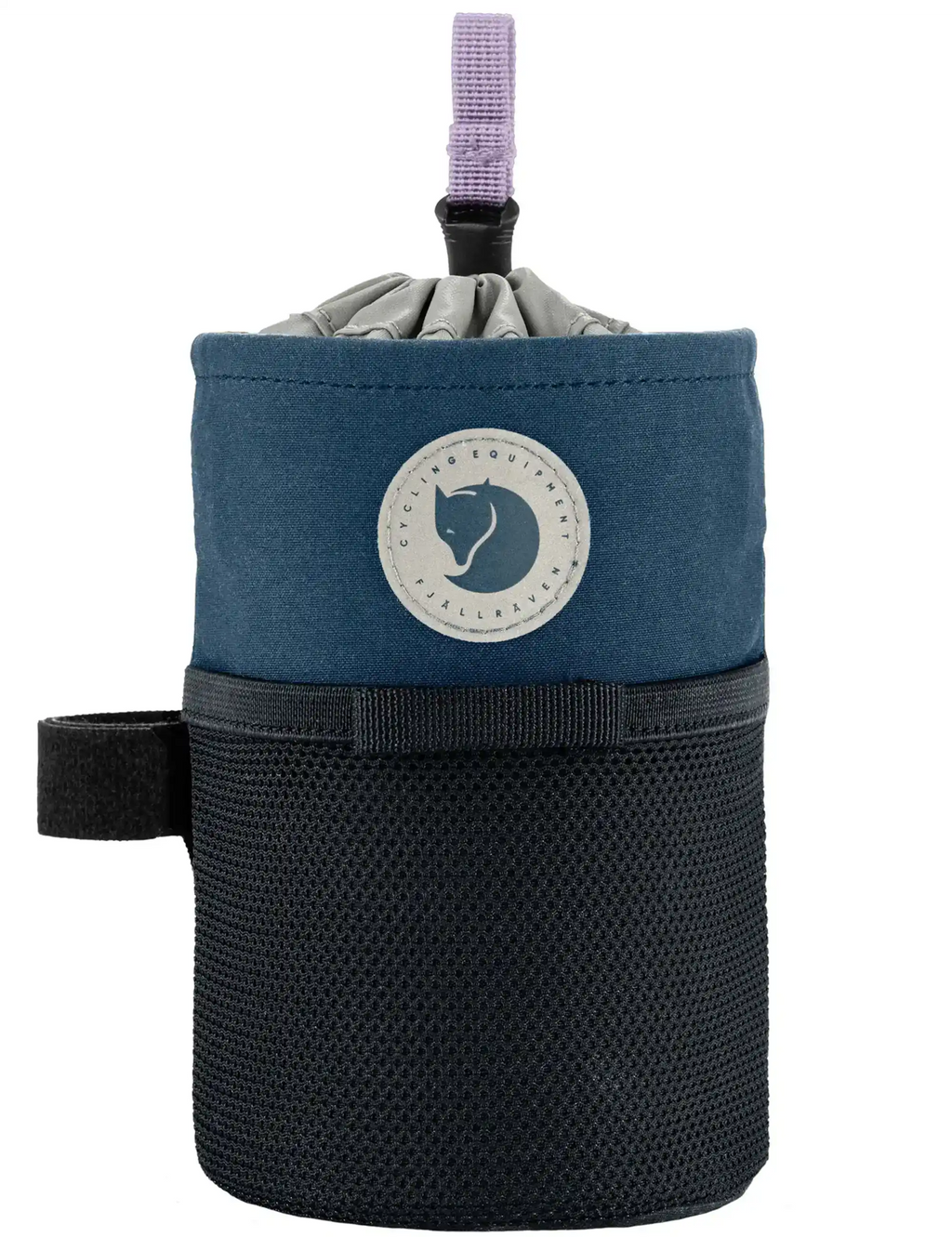 Royal blue handlebar pocket with carry strap and round logo patch