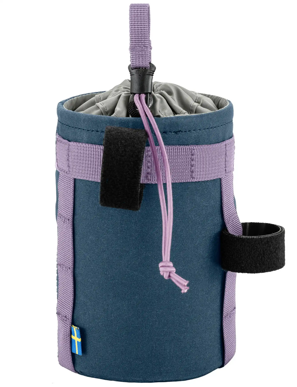 Blue snack bag with purple webbing handle, drawstring cord, and circular logo patch